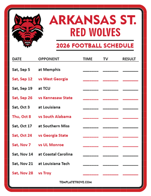 Arkansas State Red Wolves Football 2026
 Printable Schedule - Style 3