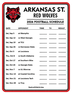 Arkansas State Red Wolves Football 2026
 Printable Schedule - Style 4