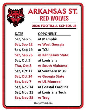 Arkansas State Red Wolves Football 2026
 Printable Schedule