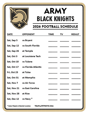 Army Black Knights Football 2026
 Printable Schedule - Style 4