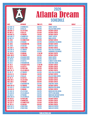 Atlanta Dream 2026
 Printable Basketball Schedule - Central Times