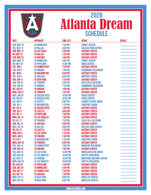 Atlanta Dream 2026
 Printable Basketball Schedule