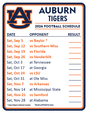 Auburn Tigers Football 2026
 Printable Schedule  - Style 2