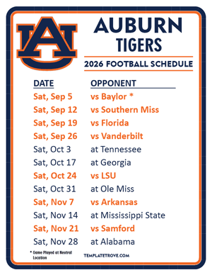 Auburn Tigers Football 2026
 Printable Schedule