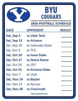 BYU Cougars
 Football 2026
 Printable Schedule  - Style 2