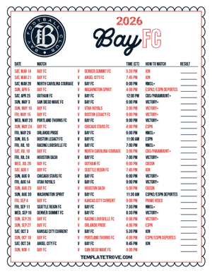 Bay FC 2026
 Printable Soccer Schedule - Central Times