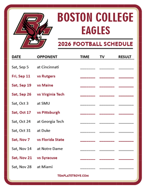Boston College Eagles Football 2026
 Printable Schedule - Style 3
