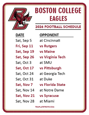 Boston College Eagles Football 2026
 Printable Schedule
