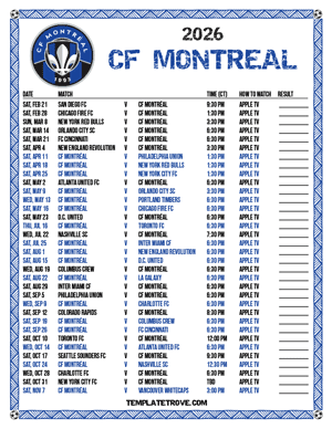 CF Montreal 2026
 Printable Soccer Schedule - Central Times