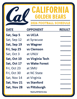 California Golden Bears Football 2026
 Printable Schedule  - Style 2