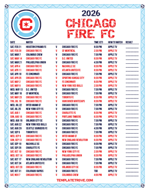 Chicago Fire FC 2026
 Printable Soccer Schedule