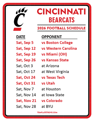Cincinnati Bearcats Football 2026
 Printable Schedule
