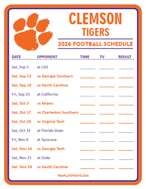Clemson Tigers Football 2026
 Printable Schedule - Style 3