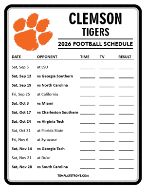 Clemson Tigers Football 2026
 Printable Schedule - Style 4