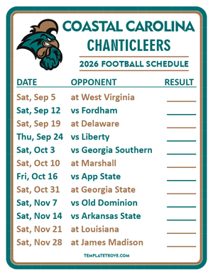 Coastal Carolina Chanticleers Football 2026
 Printable Schedule  - Style 2