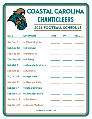 Coastal Carolina Chanticleers Football 2026
 Printable Schedule - Style 3