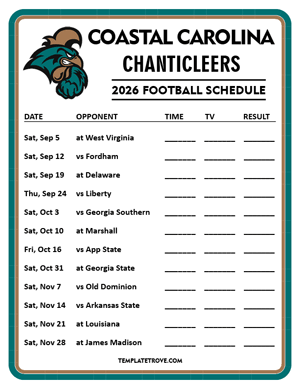 Coastal Carolina Chanticleers Football 2026
 Printable Schedule - Style 4