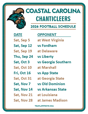 Coastal Carolina Chanticleers Football 2026
 Printable Schedule