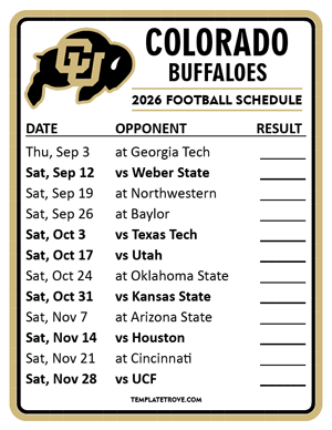 Colorado Buffaloes Football 2026
 Printable Schedule  - Style 2
