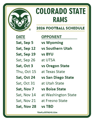 Colorado State Rams Football 2026
 Printable Schedule