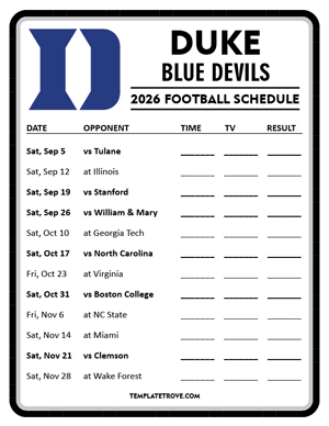 Duke Blue Devils Football 2026
 Printable Schedule - Style 4