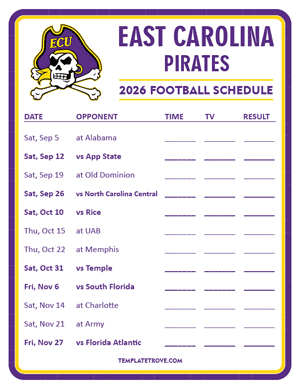 East Carolina Pirates Football 2026
 Printable Schedule - Style 3