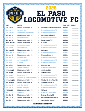  El Paso Locomotive FC 2026
 Printable Soccer Schedule - Central Times
