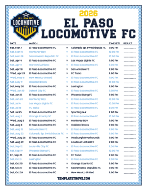  El Paso Locomotive FC 2026
 Printable Soccer Schedule