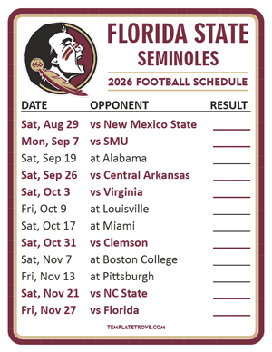 Florida State Seminoles Football 2026
 Printable Schedule  - Style 2