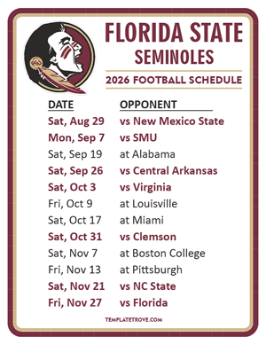 Florida State Seminoles Football 2026
 Printable Schedule