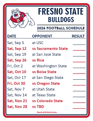 Fresno State Bulldogs Football 2026
 Printable Schedule  - Style 2