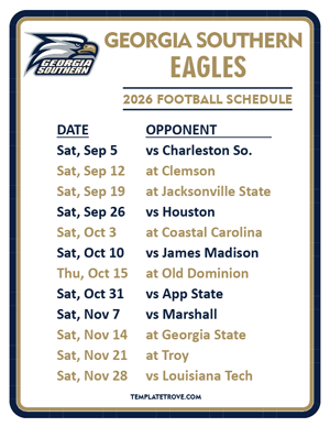 Georgia Southern Eagles Football 2026
 Printable Schedule