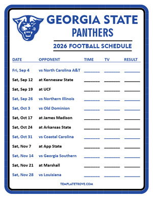 Georgia State Panthers Football 2026
 Printable Schedule - Style 3