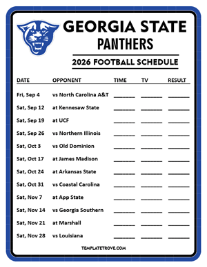 Georgia State Panthers Football 2026
 Printable Schedule - Style 4