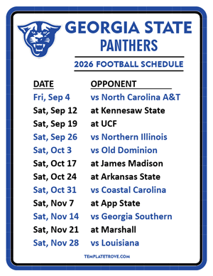 Georgia State Panthers Football 2026
 Printable Schedule