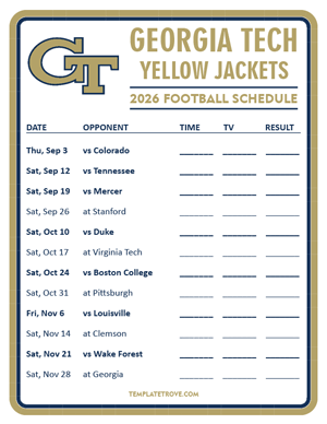 Georgia Tech Yellow Jackets Football 2026
 Printable Schedule - Style 3