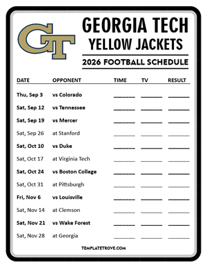 Georgia Tech Yellow Jackets Football 2026
 Printable Schedule - Style 4