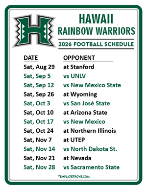 Hawaii Rainbow Warriors Football 2026
 Printable Schedule
