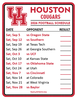 Houston Cougars Football 2026
 Printable Schedule  - Style 2