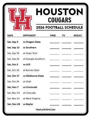 Houston Cougars Football 2026
 Printable Schedule - Style 4