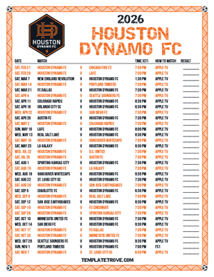 Houston Dynamo FC 2026
 Printable Soccer Schedule - Central Times