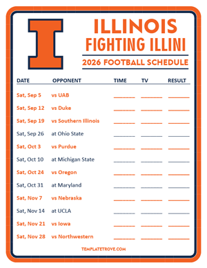 Illinois Fighting Illini Football 2026
 Printable Schedule - Style 3