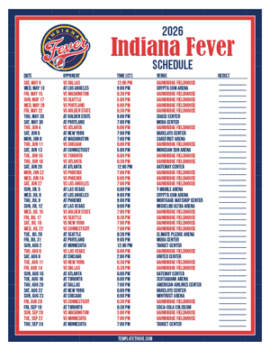 Indiana Fever 2026
 Printable Basketball Schedule - Central Times