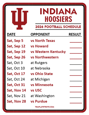 Indiana Hoosiers Football 2026
 Printable Schedule  - Style 2