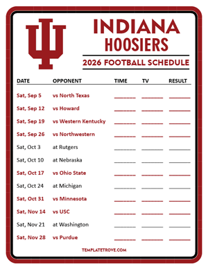 Indiana Hoosiers Football 2026
 Printable Schedule - Style 3