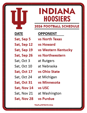 Indiana Hoosiers Football 2026
 Printable Schedule