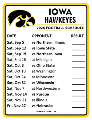 Iowa Hawkeyes Football 2026
 Printable Schedule  - Style 2