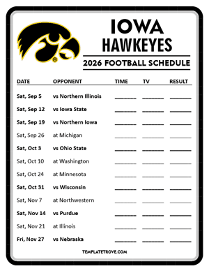 Iowa Hawkeyes Football 2026
 Printable Schedule - Style 4
