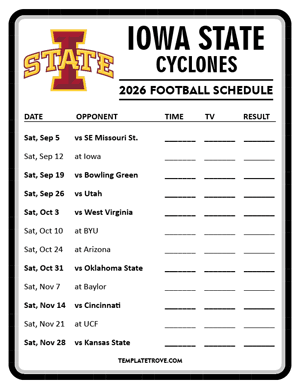 Iowa State Cyclones Football 2026
 Printable Schedule - Style 4