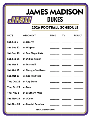 James Madison Dukes Football 2026
 Printable Schedule - Style 4